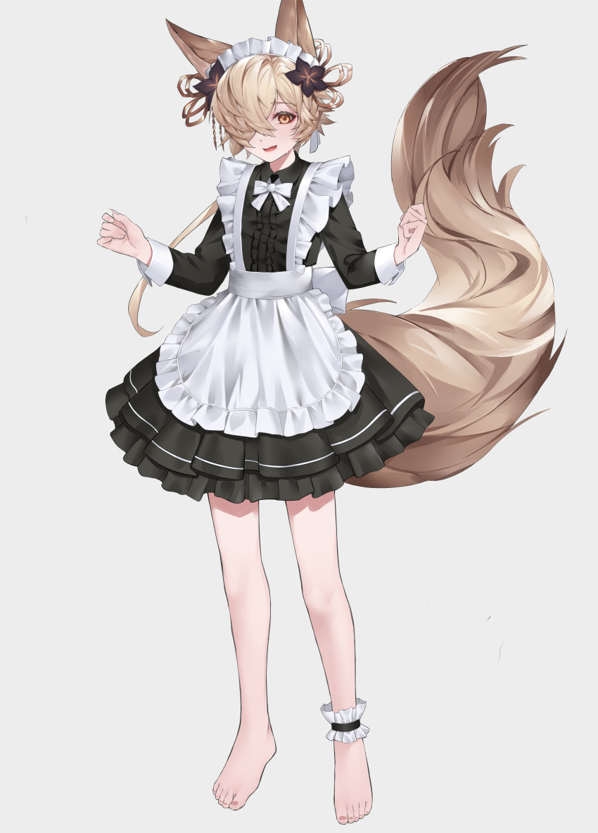 1boy, absurdres, alternate_costume, animal_ears, ankle_garter, apron, axescr, barefoot