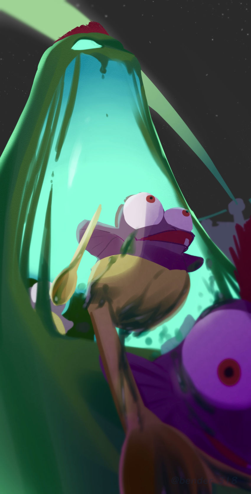 bulging_eyes, chum_(splatoon), highres, holding, holding_spoon, khsu8585, mudmouth_(splatoon), night, nintendo, no_humans, open_mouth, outdoors, red_eyes, salmon_run_(splatoon), salmonid, sky, splatoon_(series), spoon