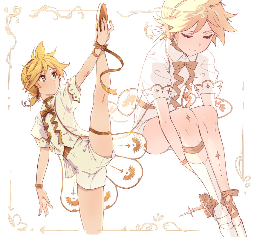 1boy, ballet_slippers, blonde_hair, blue_eyes, bow, bowtie, choker, closed_eyes, collared_shirt, expressionless, framed, gold_trim, gramophone_len, headphones, highres, holding_own_foot, hugging_own_legs, kagamine_len, knees_up, legs_together, miku_symphony_(vocaloid), multiple_views, nail_polish, nifffi, official_alternate_costume, ponytail, puffy_sleeves, ribbon, see-through_clothes, shirt, short_ponytail, shorts, sitting, smile, split, standing, standing_on_one_leg, standing_split, vocaloid, wristband