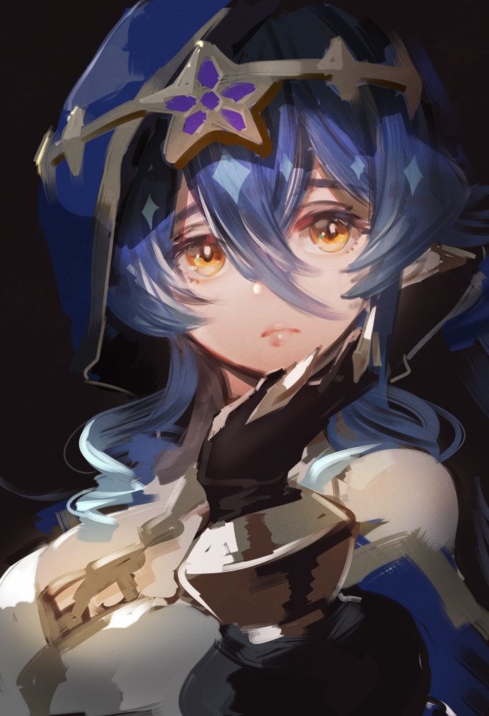 1girl, alternate_hairstyle, bare_shoulders, black_gloves, blue_hair, blue_hood, bright_pupils, claw_ring