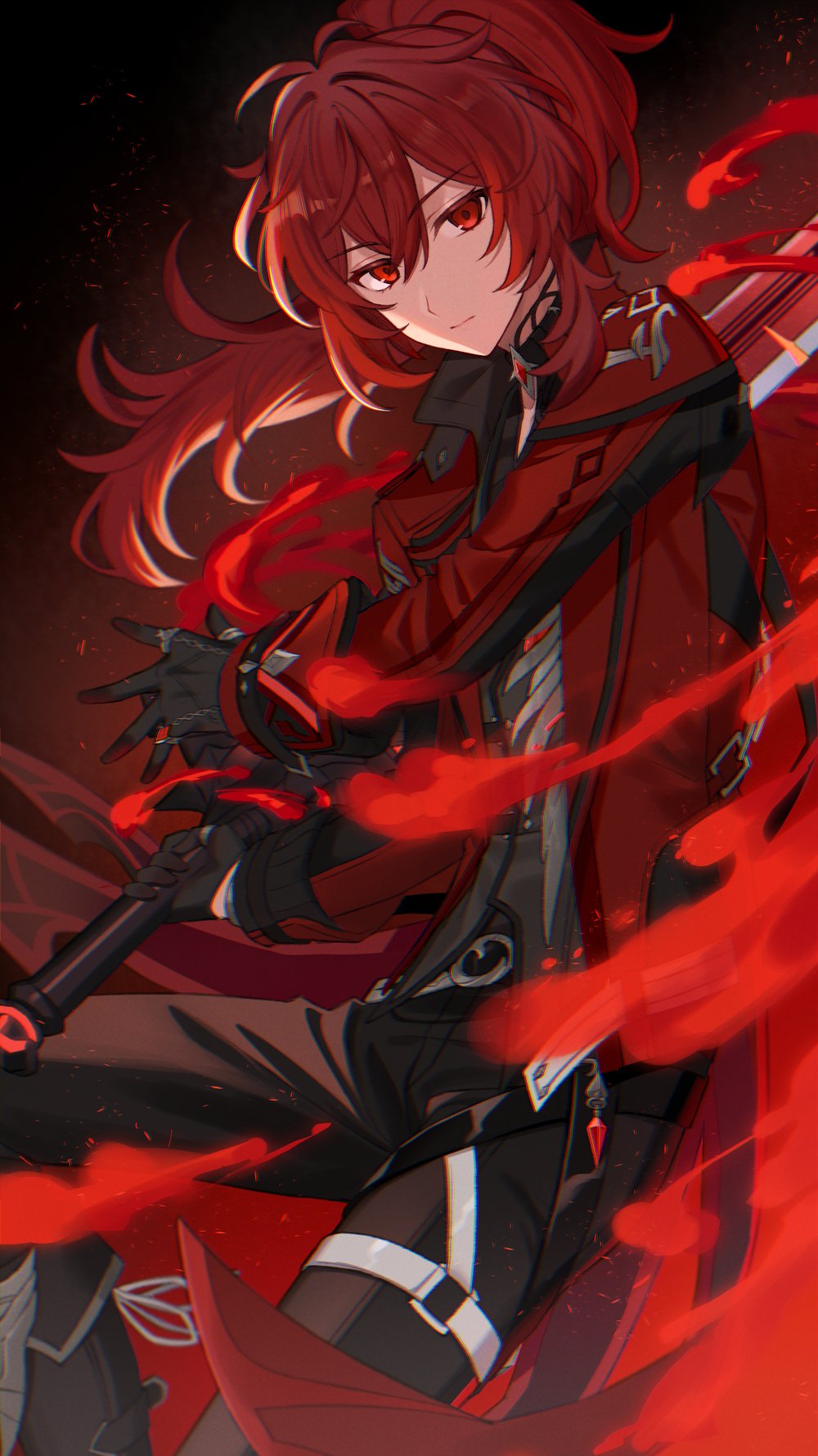 1boy, antenna_hair, black_boots, black_gloves, black_pants, black_shirt, boots, closed_mouth