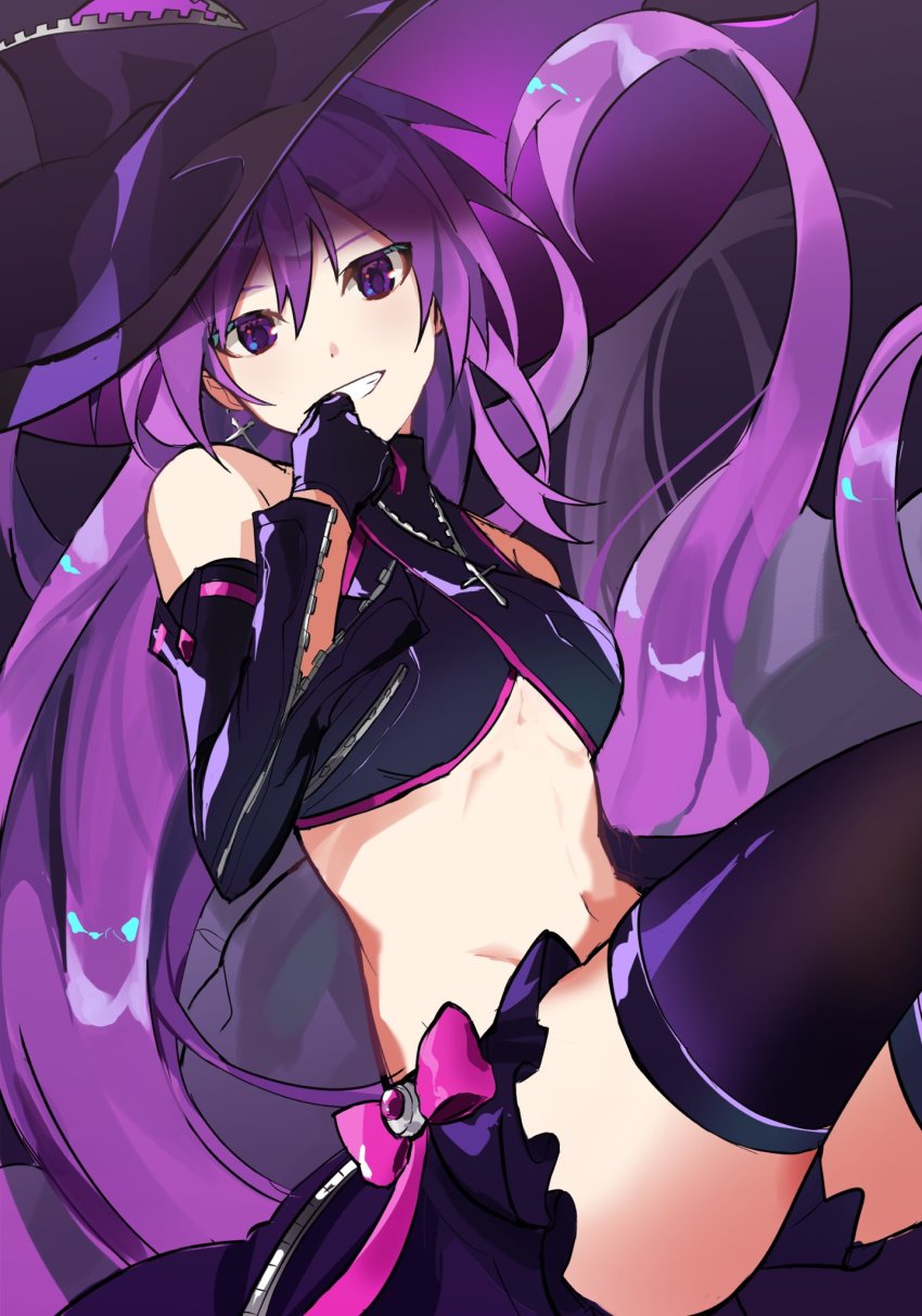 1girl, aisha_landar, bare_shoulders, black_gloves, black_hat, black_skirt, black_sleeves, black_thighhighs, breasts, commentary_request, cross, cross_necklace, detached_sleeves, elsword, gloves, groin, hair_between_eyes, hat, highres, jewelry, korean_commentary, long_hair, looking_at_viewer, midriff, navel, necklace, oz_sorcerer_(elsword), pba_471, purple_eyes, purple_hair, skirt, small_breasts, smile, solo, stomach, teeth, thighhighs, very_long_hair, witch, witch_hat, zipper