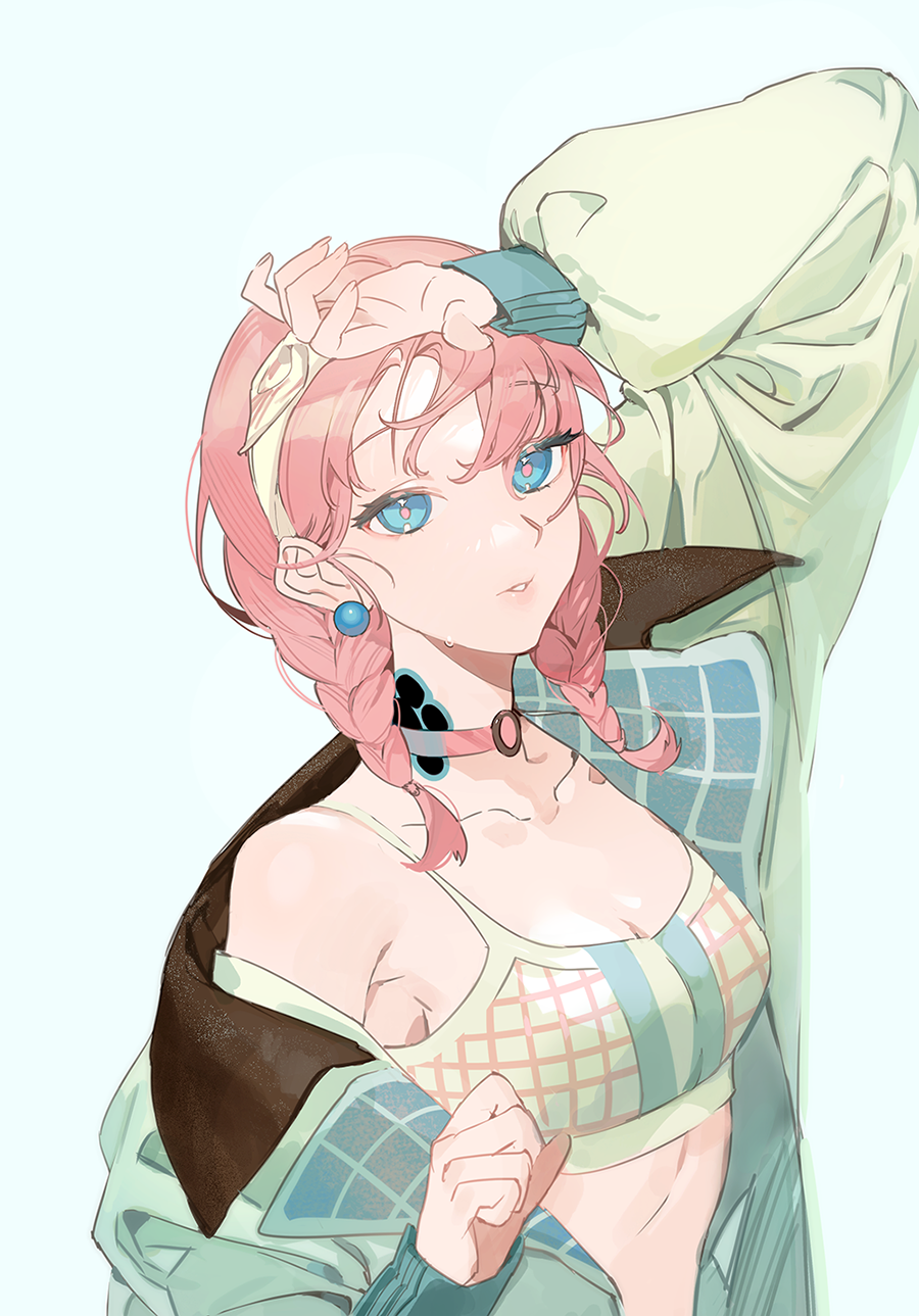 1girl, arknights, arm_up, blue_background, blue_eyes, blue_poison_(arknights), blue_poison_(shoal_beat)_(arknights), braid