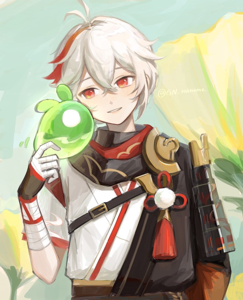 1boy, antenna_hair, armor, artist_name, bandaged_arm, bandaged_hand, bandages, belt