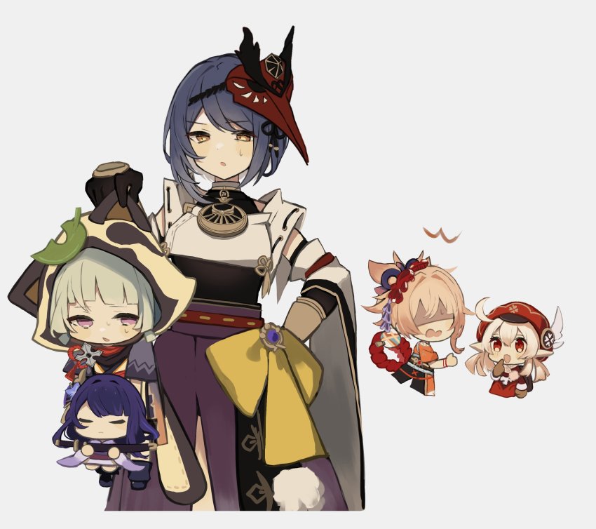 4girls, bird_mask, black_shirt, blonde_hair, bow, single_breast_curtain, brown_gloves, character_doll