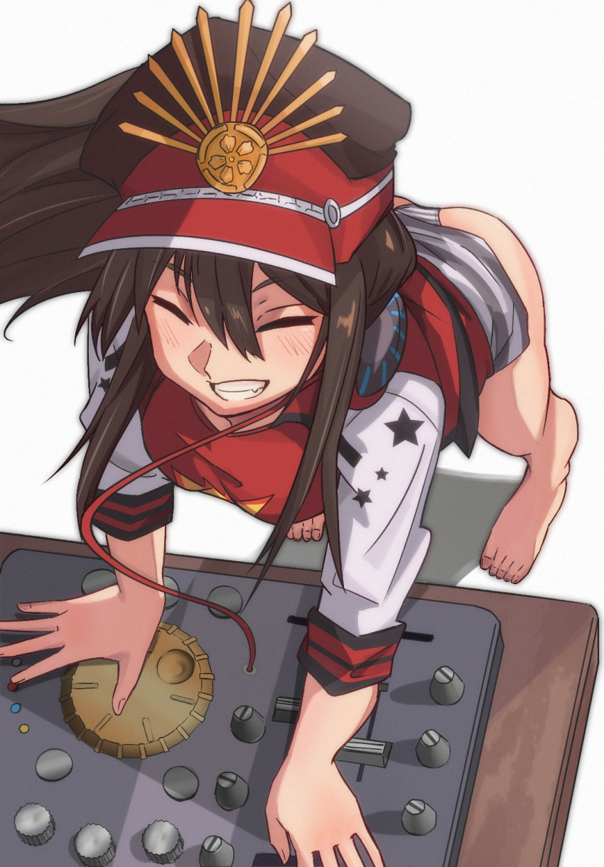 1girl, arm_support, ass, barefoot, bikini, breasts, brown_hair, closed_eyes, dj, dress, dress_flip, fate/grand_order, fate_(series), from_above, grin, hair_between_eyes, hat, headphones, highres, jacket, leaning_forward, long_hair, long_sleeves, ludwigtk, medium_breasts, mixing_console, oda_nobunaga_(fate), oda_nobunaga_(swimsuit_berserker)_(fate), oda_nobunaga_(swimsuit_berserker)_(first_ascension)_(fate), peaked_cap, red_jacket, red_shirt, shirt, short_dress, smile, solo, standing, striped_bikini, striped_clothes, swimsuit, swimsuit_under_clothes, very_long_hair