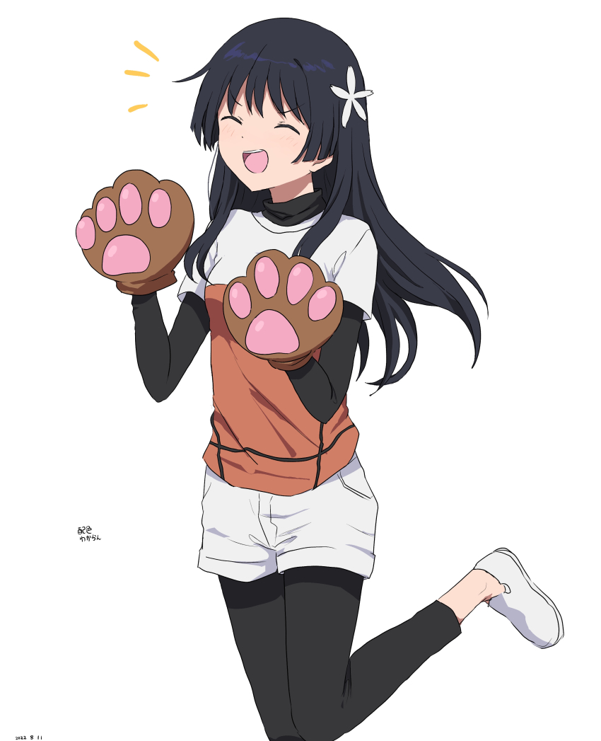 1girl, absurdres, animal_hands, black_hair, black_leggings, breasts, closed_eyes, flower