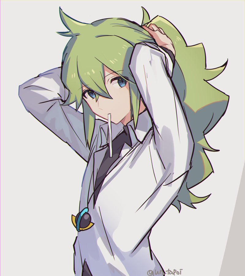 1boy, arms_up, bad_id, bad_twitter_id, blue_eyes, collared_shirt, commentary_request, green_hair