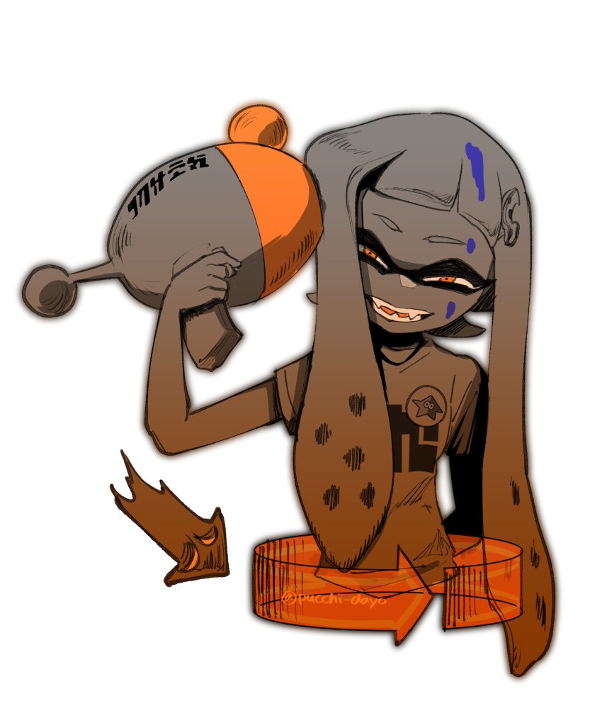 1girl, colored_tongue, echolocator_(splatoon), fangs, gun_to_head, hair_ornament, hairclip, highres, inkling, inkling_girl, inkling_player_character, long_hair, looking_at_viewer, luna_blaster_(splatoon), nintendo, orange_eyes, orange_tongue, paint, puchiman, shirt, short_sleeves, simple_background, smile, solo, splatoon_(series), splatoon_1, spot_color, t-shirt, teeth, tentacle_hair, twitter_username, white_background