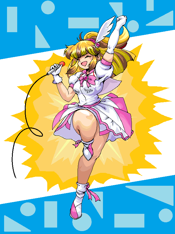 blonde_hair, boots, dress, idol, idol_hakkenden, microphone, multicolored_boots, open_mouth, pink_boots, rf_(aruehu), saionji_erika, tagme, two-tone_boots, two-tone_dress, white_boots