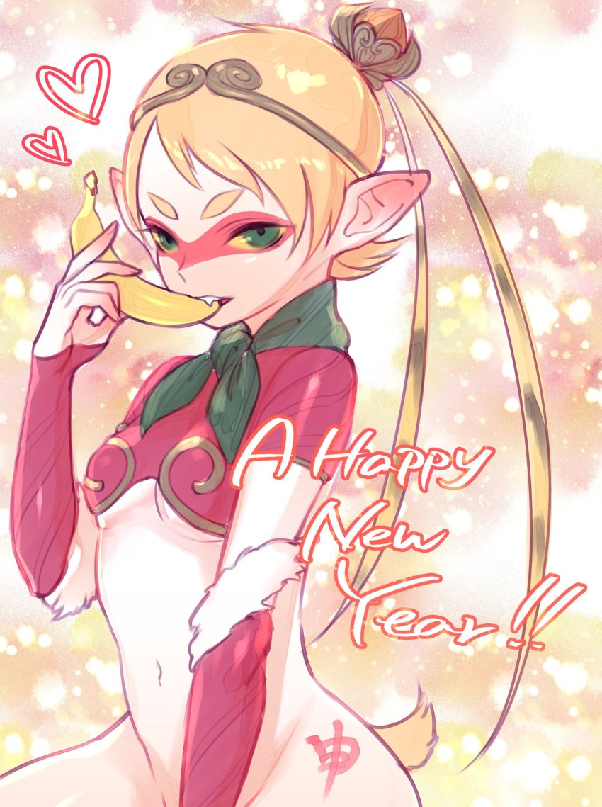 1girl, absurdres, banana, blonde_hair, bodysuit, breasts, chinese_zodiac, circlet