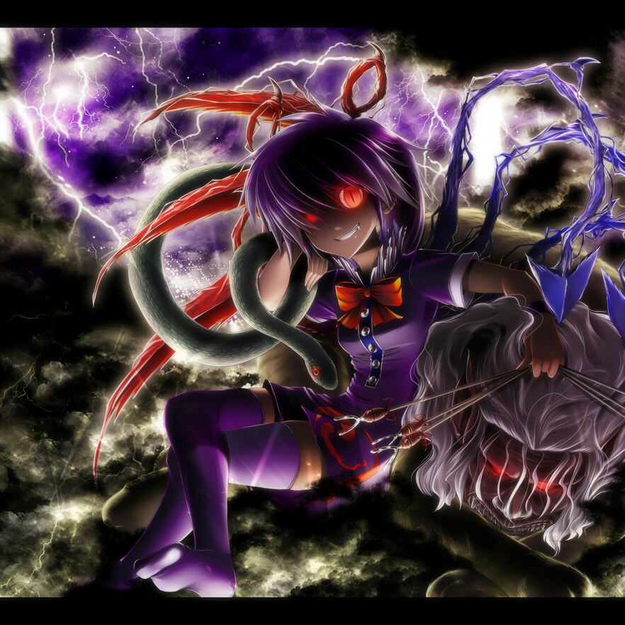 1girl, aozora_market, asymmetrical_wings, black_hair, black_thighhighs, chimera_(creature), dress, female_focus