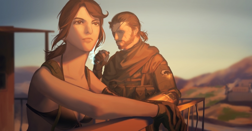 1boy, 1girl, beard, bra, brown_hair, eyepatch, facial_hair, metal_gear_(series), metal_gear_solid_v:_the_phantom_pain, pony_(animal), ponytail, quiet_(metal_gear), smoking, underwear, venom_snake, yun_(huapeiyun)