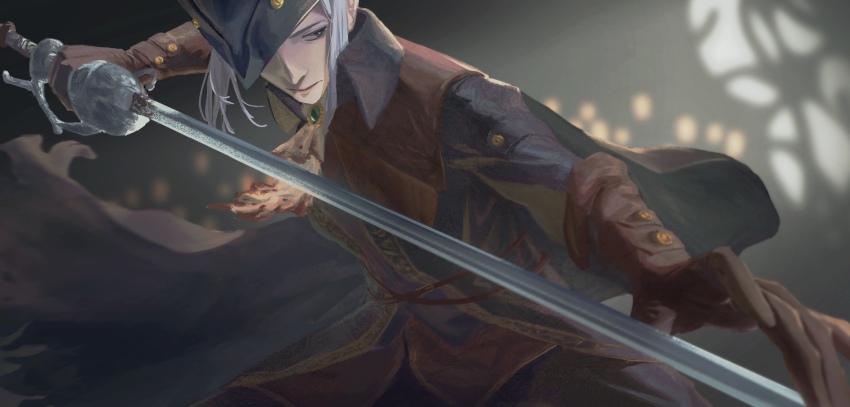 1girl, ascot, blood, bloodborne, blue_eyes, cape, fighting_stance, gloves, hat, highres, lady_maria_of_the_astral_clocktower, old_hunter_(bloodborne), rakuyo_(bloodborne), sword, tricorne, weapon, white_hair, yun_(huapeiyun)