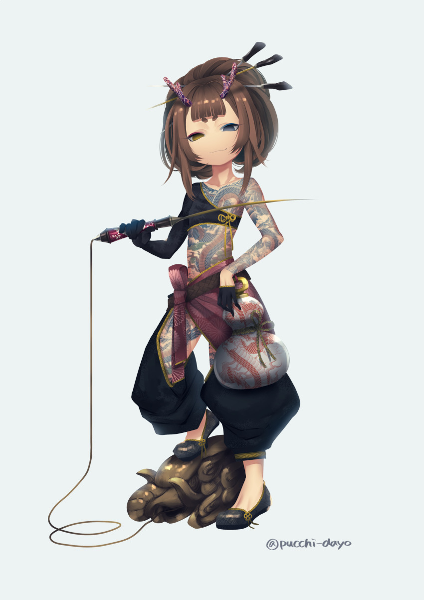 1girl, absurdres, antlers, black_footwear, black_gloves, blue_eyeshadow, brown_hair, closed_mouth