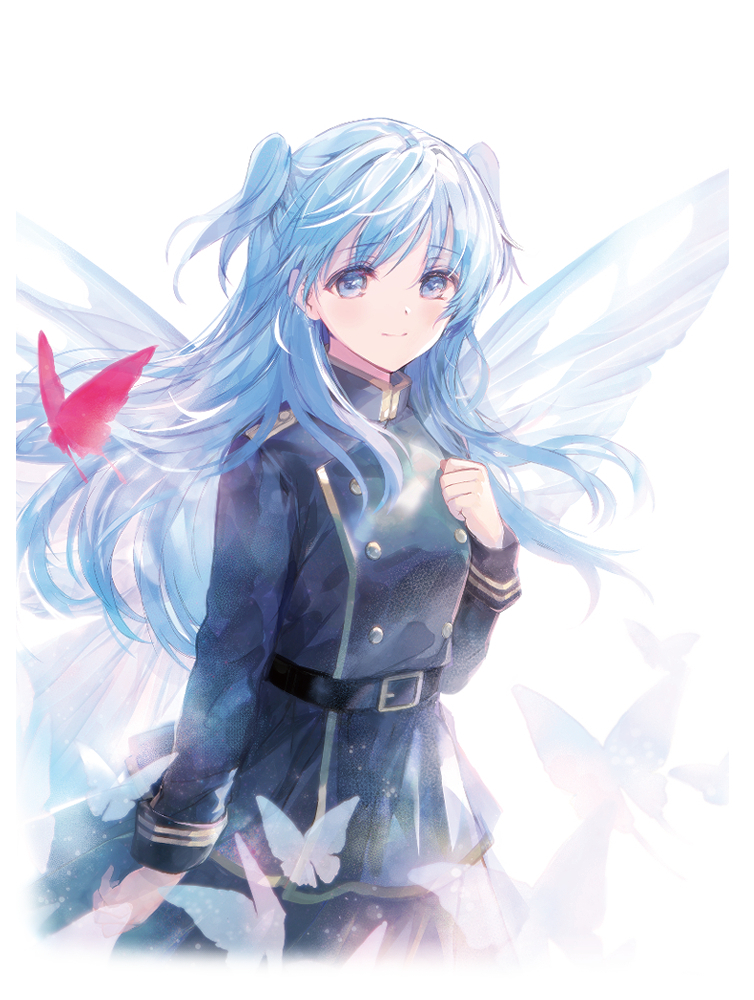 1girl, belt, blue_eyes, blue_hair, bug, butterfly, butterfly_wings, chtholly_nota_seniorious
