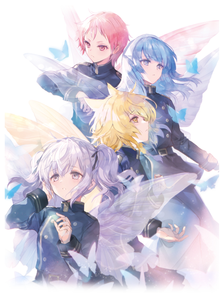 4girls, blonde_hair, blue_eyes, blue_hair, bug, butterfly, butterfly_wings, commentary, insect, insect_wings, ithea_myse_valgulious, military, military_uniform, multiple_girls, nephren_ruq_insania, nopht_keh_desperatio, official_art, purple_eyes, purple_hair, red_eyes, red_hair, rhantolk_ytri_historia, short_hair, shuumatsu_nani_shitemasu_ka?, ue, wings, yellow_eyes