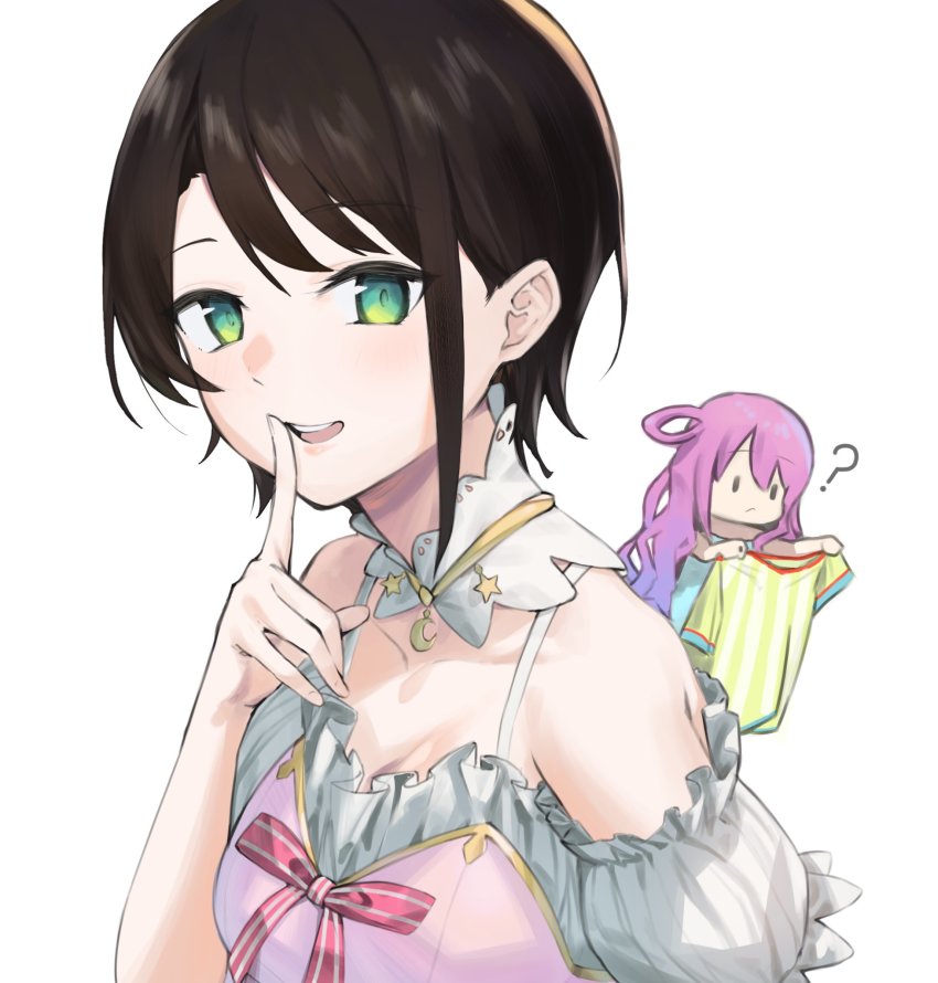 2girls, ?, black_hair, breasts, cosplay, detached_collar, detached_sleeves, dress