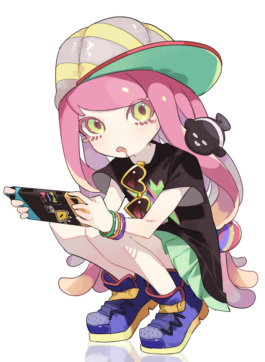 1girl, bare_legs, baseball_cap, black_shirt, blue_shoes, bracelet, clownfish, colored_eyelashes