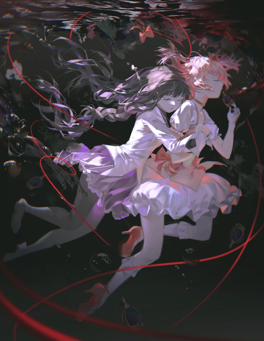 2girls, absurdres, air_bubble, akemi_homura, akemi_homura_(magical_girl), argyle_clothes, argyle_legwear, black_footwear, black_hair, black_hairband, black_pantyhose, bow, braid, bubble, bubble_skirt, choker, closed_eyes, commentary, dress, dress_bow, frilled_skirt, frilled_sleeves, frilled_socks, frills, from_side, frown, full_body, gloves, hair_bow, hairband, hand_grab, hand_up, highres, hug, hug_from_behind, jacket, kaname_madoka, kaname_madoka_(magical_girl), lan3177153, leg_up, long_hair, long_sleeves, magical_girl, mahou_shoujo_madoka_magica, mahou_shoujo_madoka_magica_(anime), multiple_girls, pantyhose, parted_lips, pink_dress, pink_hair, puffy_short_sleeves, puffy_sleeves, purple_skirt, red_choker, red_footwear, red_ribbon, ribbon, shoes, short_hair, short_sleeves, short_twintails, skirt, socks, soul_gem, submerged, untranslatable_commentary, tears, twin_braids, twintails, underwater, unworn_bow, white_gloves, white_jacket, white_skirt, white_socks