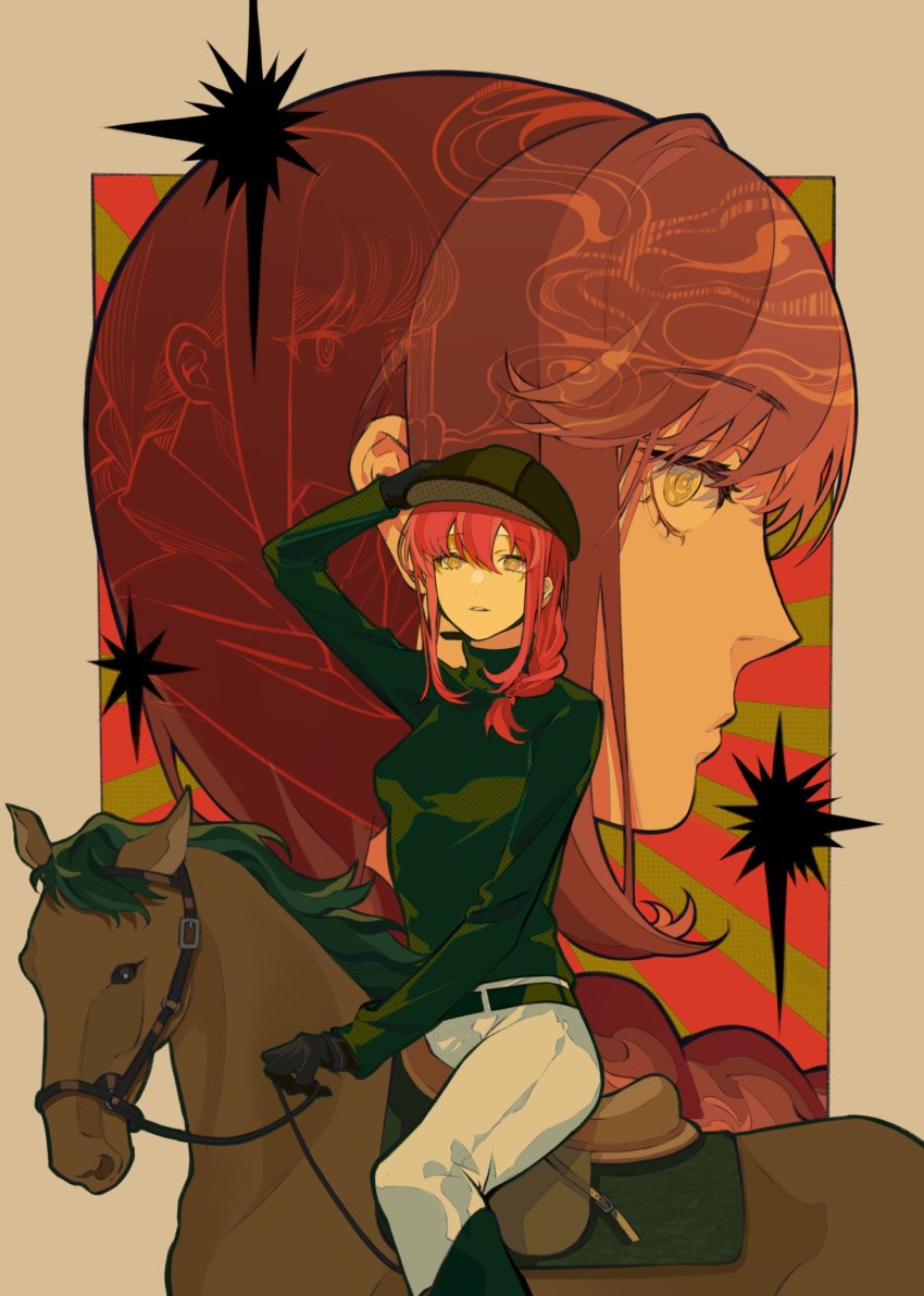 2girls, alternate_costume, black_gloves, black_headwear, black_jacket, border, braid, brown_border