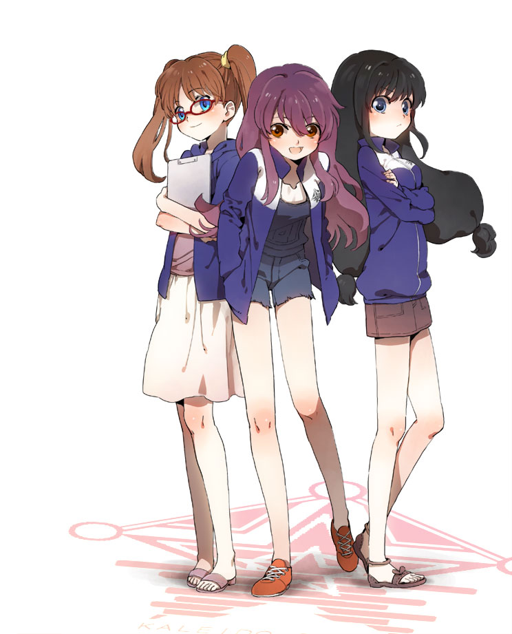 00s, 3girls, akutagawa_jiro, bad_id, bad_pixiv_id, black_hair, blue_eyes, brown_eyes, brown_hair, clipboard, crossed_arms, glasses, hands_in_pockets, hood, hoodie, jacket, kaleido_star, leotard, long_hair, may_wong, mia_guillem, multiple_girls, naegino_sora, overalls, purple_hair, sandals, twintails