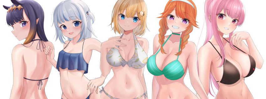 5girls, 9696k, absurdres, alternate_costume, animal_ears, back, bikini, black_bikini