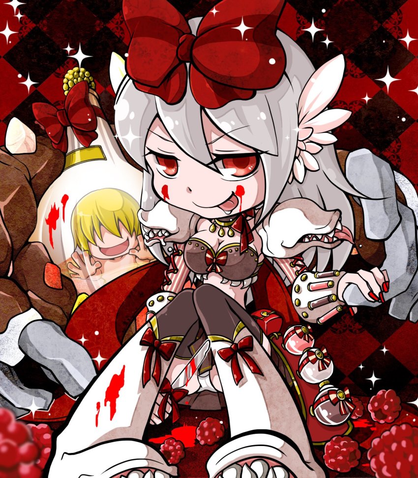 1boy, 1girl, :p, armor, blonde_hair, blood, blood_on_face, blood_splatter