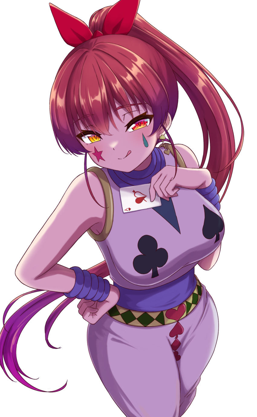 1girl, :q, bare_shoulders, breasts, closed_mouth, cosplay, cowboy_shot, facepaint, facial_mark, hachiman_tanuki, hand_on_own_hip, heterochromia, high_ponytail, highres, hisoka_morow, hisoka_morow_(cosplay), hololive, houshou_marine, hunter_x_hunter, large_breasts, long_hair, pants, playing_card_theme, ponytail, red_eyes, red_hair, shade, shirt, simple_background, skin_tight, sleeveless, sleeveless_shirt, solo, tongue, tongue_out, very_long_hair, virtual_youtuber, white_background, white_pants, yellow_eyes