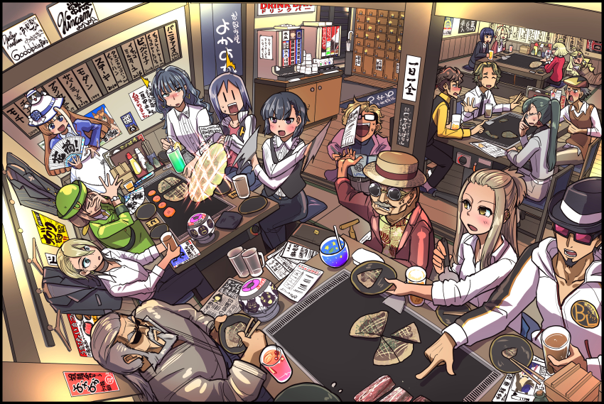 6+boys, 6+girls, akikawa_yayoi_(umamusume), animal_ears, anshinzawa_sasami, artist_self-insert, back, beard, beauty_anshinzawa, black_hair, blonde_hair, blush, bowl, braid, breasts, brown_hair, business_suit, casual, cat, character_doll, character_request, chopsticks, closed_eyes, clothes_hanger, commentary_request, cup, doll, drinking_glass, ear_piercing, facial_hair, female_trainer_(umamusume), food, formal_clothes, frills, fujii_sensuke, futaba_channel, genba_neko_(character), genba_neko_(meme), glasses, green_hair, grey_hair, hat, hayakawa_tazuna, highres, horse_ears, horse_girl, jacket, kashimoto_riko, kiryuuin_aoi, kitahara_jou, komiyama_masami, long_hair, medium_hair, multicolored_hair, multiple_boys, multiple_girls, musaka_ginjirou, mustache, nase_fumino, okonomiyaki, open_mouth, partially_translated, piercing, plate, pointing, ponytail, poster_(object), sakazaki_freddy, sensei_(umamusume), shigoto_neko, short_hair, sitting, skirt, smile, spatula, suit, sunglasses, sweatdrop, team_spica's_trainer, teeth, tongue, toujou_hana, trainer_(umamusume), trainer_kuronuma, trainer_minamizaka, translation_request, two-tone_hair, umamusume, umamusume:_cinderella_gray, yaeno_muteki's_trainer