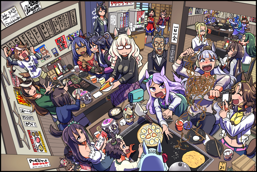 >_<, 114514_(meme), 1boy, 6+girls, :d, ^_^, agnes_tachyon_(umamusume), air_groove_(casual)_(umamusume), air_groove_(umamusume), akasaka_misato_(umamusume), anger_vein, animal_ears, back, bag, banana, banana_slice, bandaid, bandaid_on_face, bandaid_on_nose, bare_shoulders, belt, biwa_hayahide_(umamusume), black_hair, blonde_hair, blue_hair, blush, bnw_(umamusume), bow, bowl, bowtie, braid, breasts, brown_hair, carrot, casual, cellphone, central_advisory_council_leader_(umamusume), character_doll, character_request, chopsticks, closed_eyes, clothes_hanger, commentary_request, crepe, cup, dark-skinned_female, dark_skin, doll, drinking_glass, drooling, earrings, el_condor_pasa_(umamusume), facial_hair, food, fruit, fuji_kiseki_(casual)_(umamusume), fuji_kiseki_(umamusume), glasses, gold_ship_(umamusume), green_hair, grey_hair, hair_ornament, hairclip, handbag, hat, highres, hishi_amazon_(umamusume), horse_ears, horse_girl, horse_tail, ikuno_dictus_(umamusume), jacket, jewelry, long_hair, manhattan_cafe_(umamusume), maruzensky_(umamusume), matikanetannhauser_(umamusume), medium_hair, mejiro_ardan_(umamusume), mejiro_dober_(umamusume), mejiro_family_butler, mejiro_mcqueen_(casual)_(umamusume), mejiro_mcqueen_(umamusume), mejiro_palmer_(umamusume), mejiro_ryan_(umamusume), midriff, multicolored_hair, multiple_girls, mustache, narita_brian_(umamusume), narita_taishin_(umamusume), navel, necklace, nice_nature_(umamusume), noodles, official_alternate_costume, open_mouth, otonashi_etsuko, parfait, partially_translated, phone, pink_hair, plate, pleated_skirt, pointing, ponytail, poster_(object), purple_eyes, purple_hair, sakazaki_freddy, school_uniform, short_hair, sitting, skirt, smartphone, smile, spatula, special_week_(umamusume), strawberry, strawberry_slice, sweatdrop, sweater, symboli_rudolf_(casual)_(umamusume), symboli_rudolf_(umamusume), tail, tears, teeth, tokai_teio_(umamusume), tongue, tracen_school_uniform, translation_request, twin_turbo_(umamusume), two-tone_hair, umamusume, white_hair, winning_ticket_(umamusume), yakisoba, zenno_rob_roy_(umamusume)