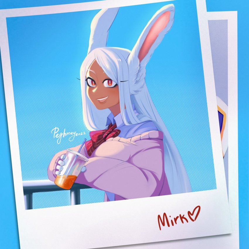 1girl, :d, animal_ears, artist_name, boku_no_hero_academia, bow, bowtie, breasts, character_name, collared_shirt, cup, disposable_cup, drinking_straw, green_background, grey_shirt, heart, highres, holding, holding_cup, large_breasts, mirko, off_shoulder, open_mouth, peghmey, photo_(object), pink_sweater, plaid_bow, plaid_bowtie, plaid_clothes, rabbit_ears, red_bow, red_bowtie, red_eyes, shirt, smile, solo, sweater, teeth, upper_teeth_only, white_hair