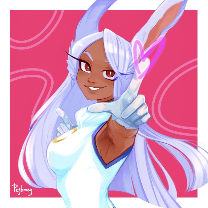 1girl, animal_ears, artist_name, boku_no_hero_academia, border, breasts, dark-skinned_female, dark_skin, fur_collar, gloves, grin, highres, large_breasts, leotard, long_hair, looking_at_viewer, mirko, peghmey, pink_background, pointing, pointing_at_viewer, rabbit_ears, rabbit_girl, red_eyes, smile, solo, teeth, white_border, white_hair, white_leotard