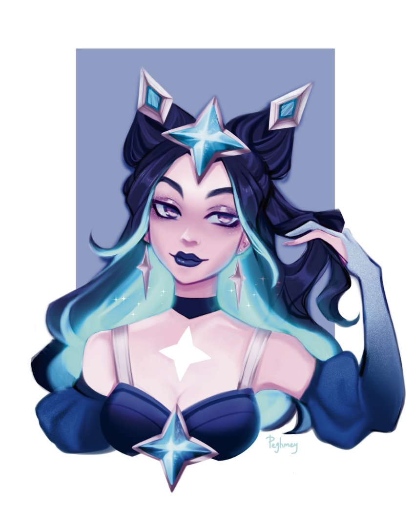 1girl, black_choker, black_hair, black_lips, breasts, choker, cleavage, closed_mouth