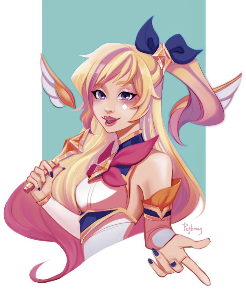 1girl, :d, artist_name, bare_shoulders, blush, breasts, cropped_torso, detached_sleeves