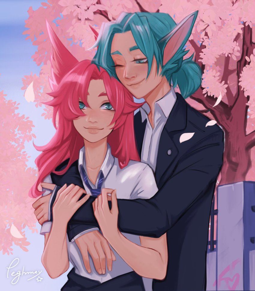 1boy, 1girl, alternate_costume, animal_ears, artist_name, black_jacket, blue_necktie, cherry_blossoms