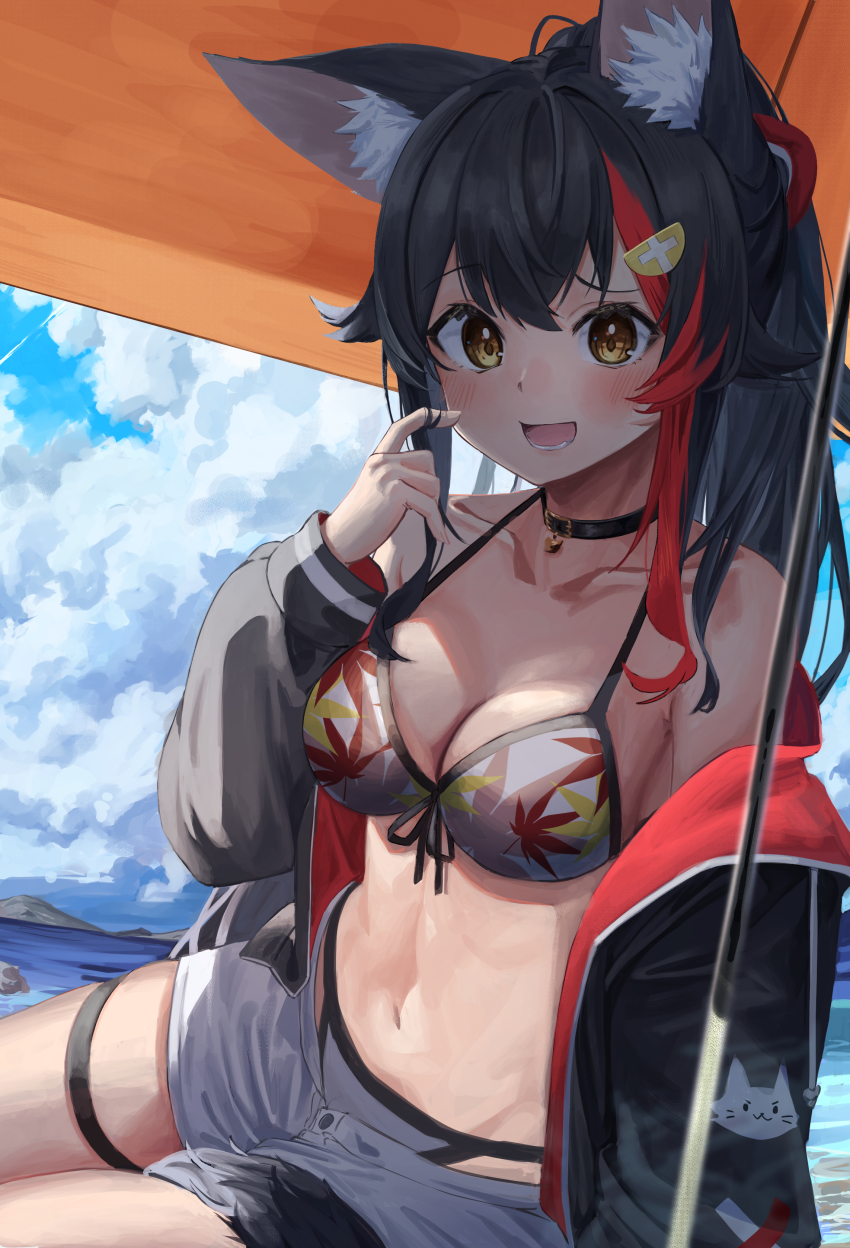 1girl, absurdres, animal_ear_fluff, animal_ears, beach, beach_umbrella, bikini, bikini_under_clothes