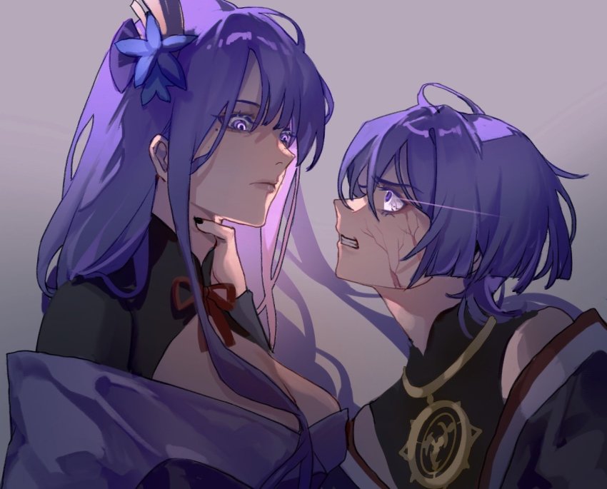 1boy, 1girl, ahoge, angry, black_bodysuit, black_nails, bodysuit, bowl_cut, braid, breasts, cleavage, clenched_teeth, closed_mouth, colored_eyelashes, commentary_request, elicooc, expressionless, eyelashes, genshin_impact, glowing, glowing_eyes, grey_background, hair_ornament, japanese_clothes, jewelry, kimono, large_breasts, lips, long_hair, long_sleeves, looking_at_another, looking_down, low-braided_long_hair, low-tied_long_hair, mole, mole_under_eye, nail_polish, necklace, off_shoulder, purple_eyes, purple_hair, purple_kimono, raiden_shogun, scaramouche_(genshin_impact), short_hair, shrug_(clothing), sidelocks, strangling, teeth