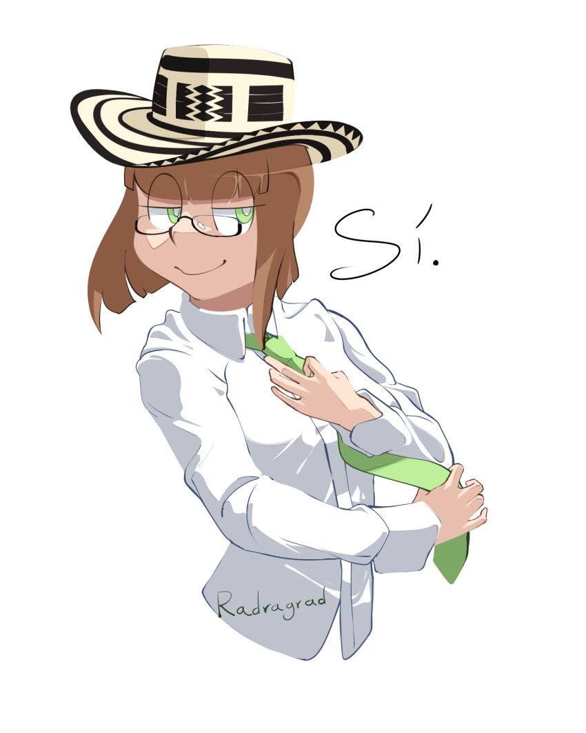 1girl, artist_name, brown_hair, glasses, green_eyes, green_necktie, hat, hemila, highres, long_sleeves, looking_to_the_side, necktie, original, radragrad, shirt, short_hair, simple_background, sombrero, spanish_text, torso_only, two-tone_hat, tying_necktie, white_background, white_shirt, yes