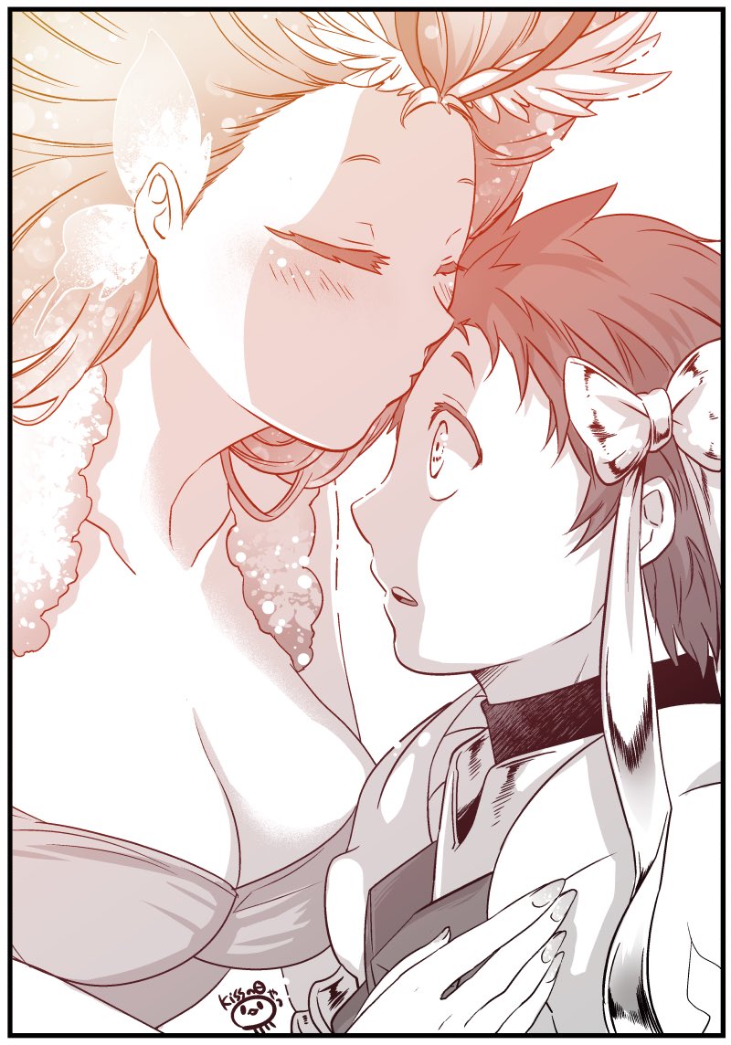 1boy, 1girl, armor, blush, bow, breasts, cleavage, closed_eyes