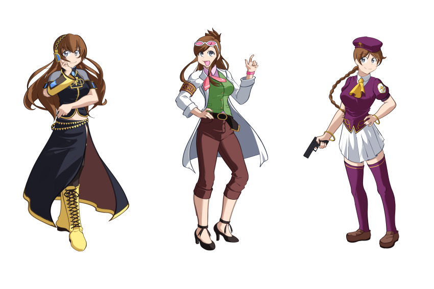 absurdres, alternate_costume, armband, bangle, belt, beret, bracelet, brown_hair, reference_sheet, commission, cosplay_request, costume_request, grey_eyes, gun, gunarmdyne, handgun, hat, hemila, highres, jewelry, lab_coat, navel, pink_glasses, pointing, pointing_up, third-party_source, weapon, white_background