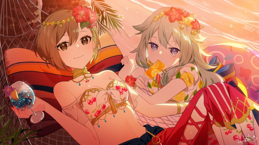 2girls, absurdres, artist_name, brown_eyes, brown_hair, cherry_print, flower, food_print, fruit_print, green_hair, hair_flaps, hair_flower, hair_ornament, highres, kusanagi_nene, lemon_print, long_hair, low-tied_long_hair, meiko_(vocaloid), multiple_girls, nail_polish, official_art, omutatsu, project_sekai, purple_eyes, second-party_source, short_hair, signature, tropical_drink, vocaloid, wonderlands_x_showtime_(project_sekai), wonderlands_x_showtime_meiko, zettai_zetsumei!?_island_panic!_(project_sekai)