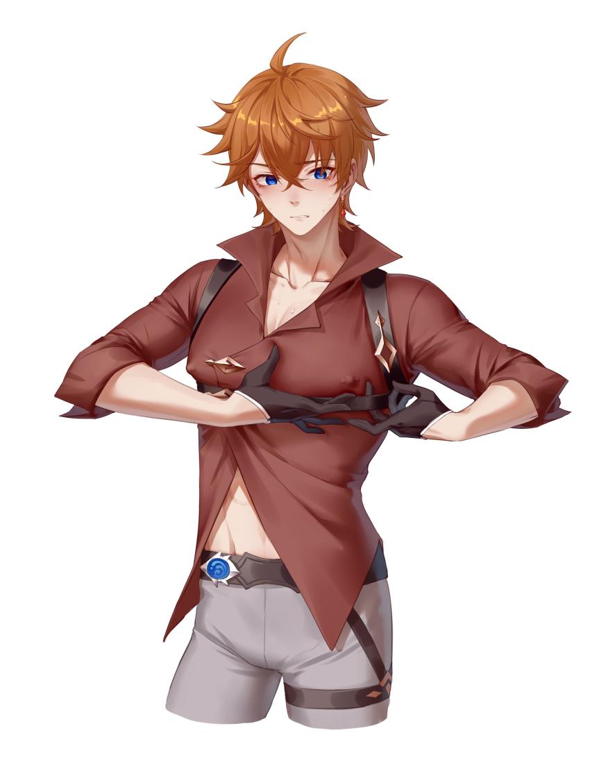 1boy, absurdres, ahoge, belt, black_gloves, blue_eyes, brown_hair, collarbone, collared_shirt, cropped_legs, crossed_bangs, fei_jifeng0808, genshin_impact, gloves, grey_pants, highres, long_sleeves, male_focus, pants, parted_lips, shirt, short_hair, simple_background, sleeves_rolled_up, solo, tartaglia_(genshin_impact), tight_clothes, tight_pants, white_background