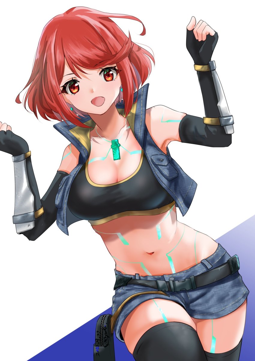 alternate_costume, breasts, chest_jewel, cosplay, fingerless_gloves, gloves, glowing_lines, highres, large_breasts, leggings, nayuta-kanata, pyra_(xenoblade), red_eyes, red_hair, sena_(xenoblade), sena_(xenoblade)_(cosplay), short_hair, short_shorts, shorts, sports_bra, swept_bangs, xenoblade_chronicles_(series), xenoblade_chronicles_2