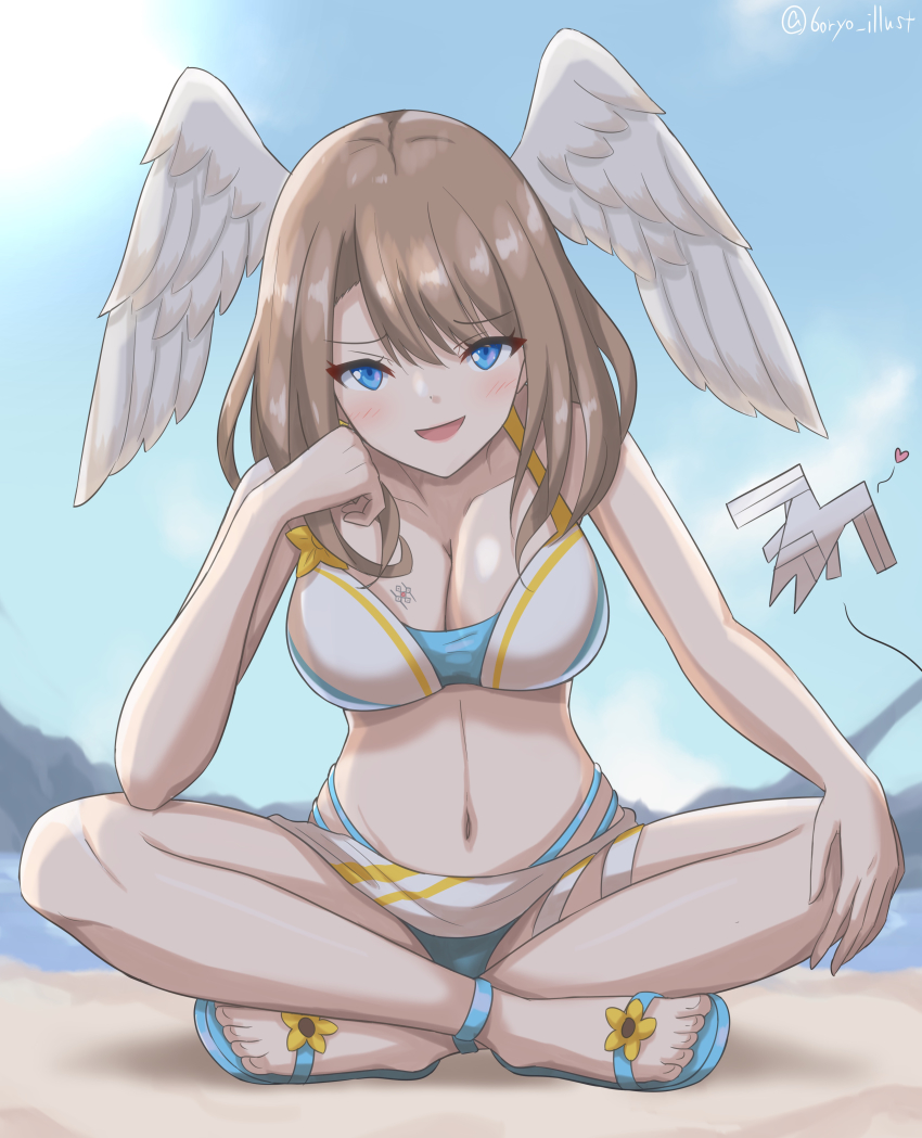 1girl, :d, absurdres, artist_name, beach, bikini, blue_eyes, blue_sandals