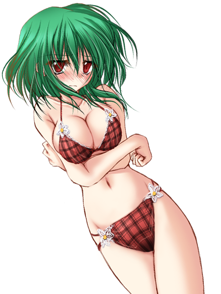 1girl, adapted_costume, arms_under_breasts, bikini, blush, breasts, cleavage, collarbone, crossed_arms, danshaku, dutch_angle, female_focus, frown, green_hair, head_tilt, kazami_yuuka, large_breasts, looking_at_viewer, lying, messy_hair, navel, nose_blush, on_back, plaid_bikini, plaid_clothes, red_bikini, red_eyes, short_hair, simple_background, solo, standing, stomach, swimsuit, touhou, white_background