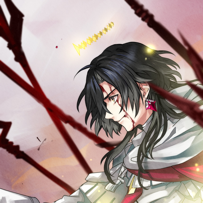 1boy, armor, black_hair, blood, blood_on_face, blurry, cloak, closed_mouth