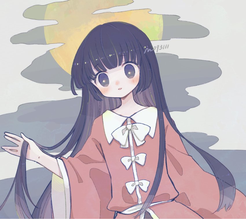 1girl, black_eyes, black_hair, blush, full_moon, highres, holding, holding_own_hair