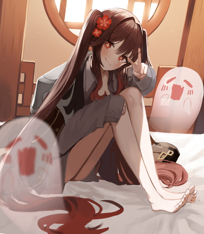 1girl, absurdres, bare_legs, barefoot, bed, bed_sheet, blush, boo_tao_(genshin_impact), borrowed_clothes, brown_hair, closed_mouth, colored_tips, cosplay, feet, flower, flower-shaped_pupils, genshin_impact, ghost, grey_shirt, hair_flower, hair_ornament, hair_spread_out, highres, hu_tao_(genshin_impact), indoors, lattice, legs, long_hair, long_legs, long_sleeves, looking_at_viewer, multicolored_hair, on_bed, oversized_clothes, plum_blossoms, red_eyes, red_flower, seorang, shirt, sitting, smile, solo, symbol-shaped_pupils, toes, twintails, v, very_long_hair, zhongli_(genshin_impact), zhongli_(genshin_impact)_(cosplay)