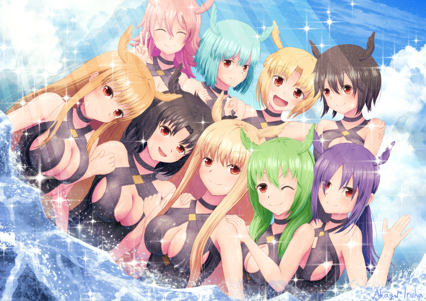 6+girls, :d, akagi_iruka, bare_shoulders, black_choker, black_hair, black_one-piece_swimsuit, blonde_hair